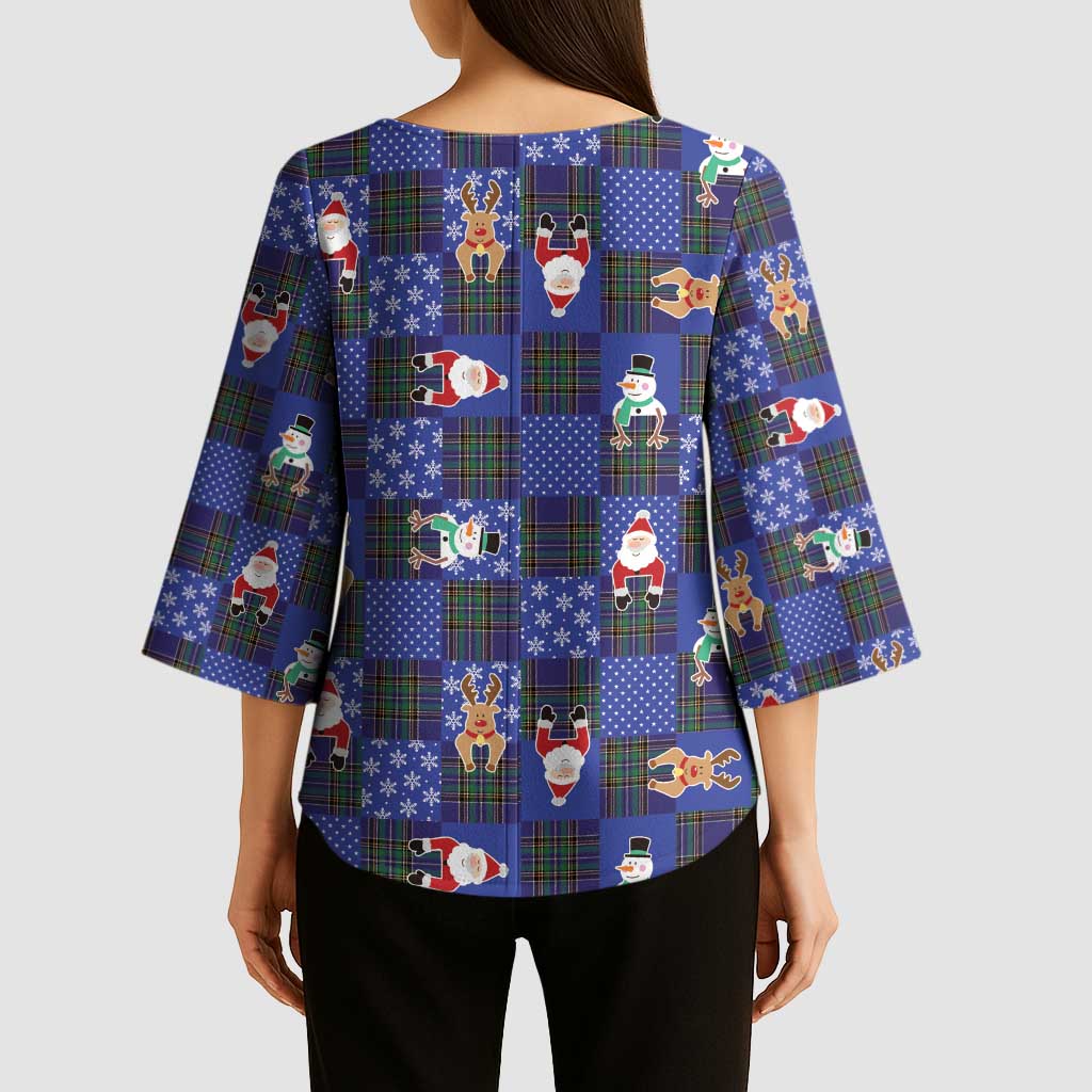 Christmas Patchwork Fake Tuxedo Kimono Sleeve Blouse Santa and Reindeer Blue Plaid Style - Wonder Print Shop