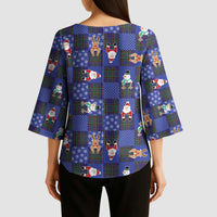 Christmas Patchwork Fake Tuxedo Kimono Sleeve Blouse Santa and Reindeer Blue Plaid Style - Wonder Print Shop