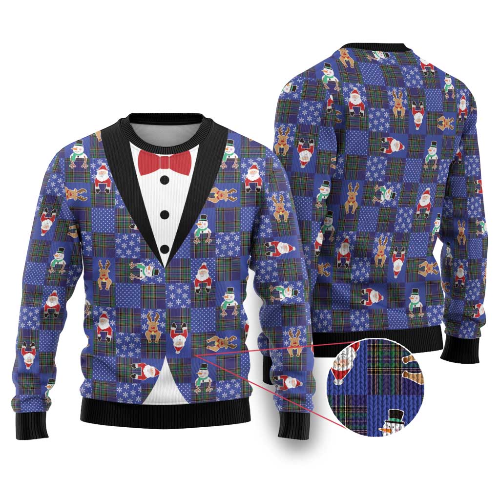 Christmas Patchwork Fake Tuxedo Ugly Christmas Sweater Santa and Reindeer Blue Plaid Style - Wonder Print Shop