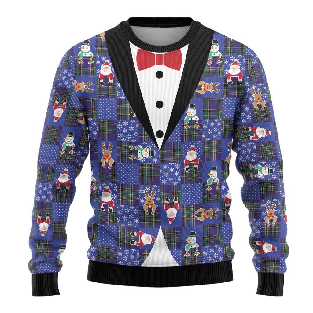 Christmas Patchwork Fake Tuxedo Ugly Christmas Sweater Santa and Reindeer Blue Plaid Style - Wonder Print Shop