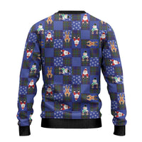 Christmas Patchwork Fake Tuxedo Ugly Christmas Sweater Santa and Reindeer Blue Plaid Style - Wonder Print Shop