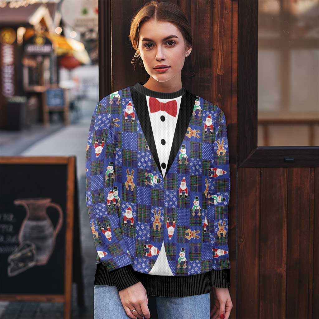 Christmas Patchwork Fake Tuxedo Ugly Christmas Sweater Santa and Reindeer Blue Plaid Style - Wonder Print Shop