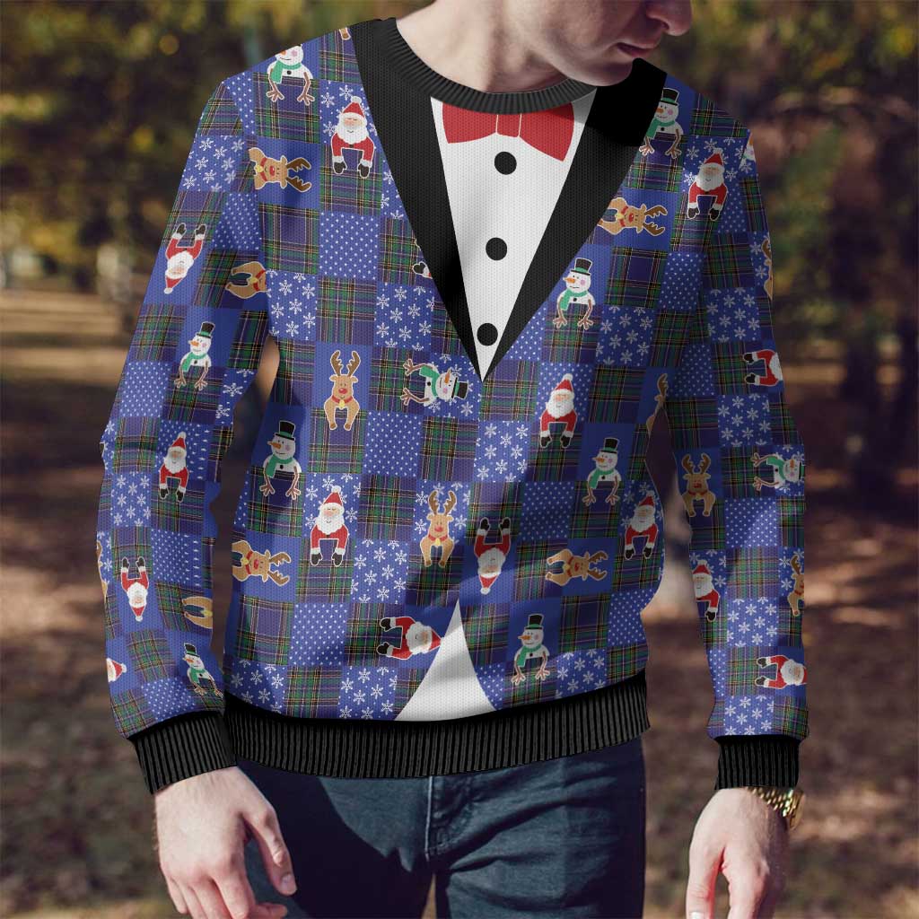 Christmas Patchwork Fake Tuxedo Ugly Christmas Sweater Santa and Reindeer Blue Plaid Style - Wonder Print Shop