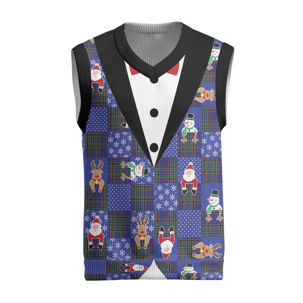 Christmas Patchwork Fake Tuxedo Christmas Knitted V-Neck Vest Santa and Reindeer Blue Plaid Style - Wonder Print Shop