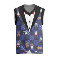 Christmas Patchwork Fake Tuxedo Christmas Knitted V-Neck Vest Santa and Reindeer Blue Plaid Style - Wonder Print Shop