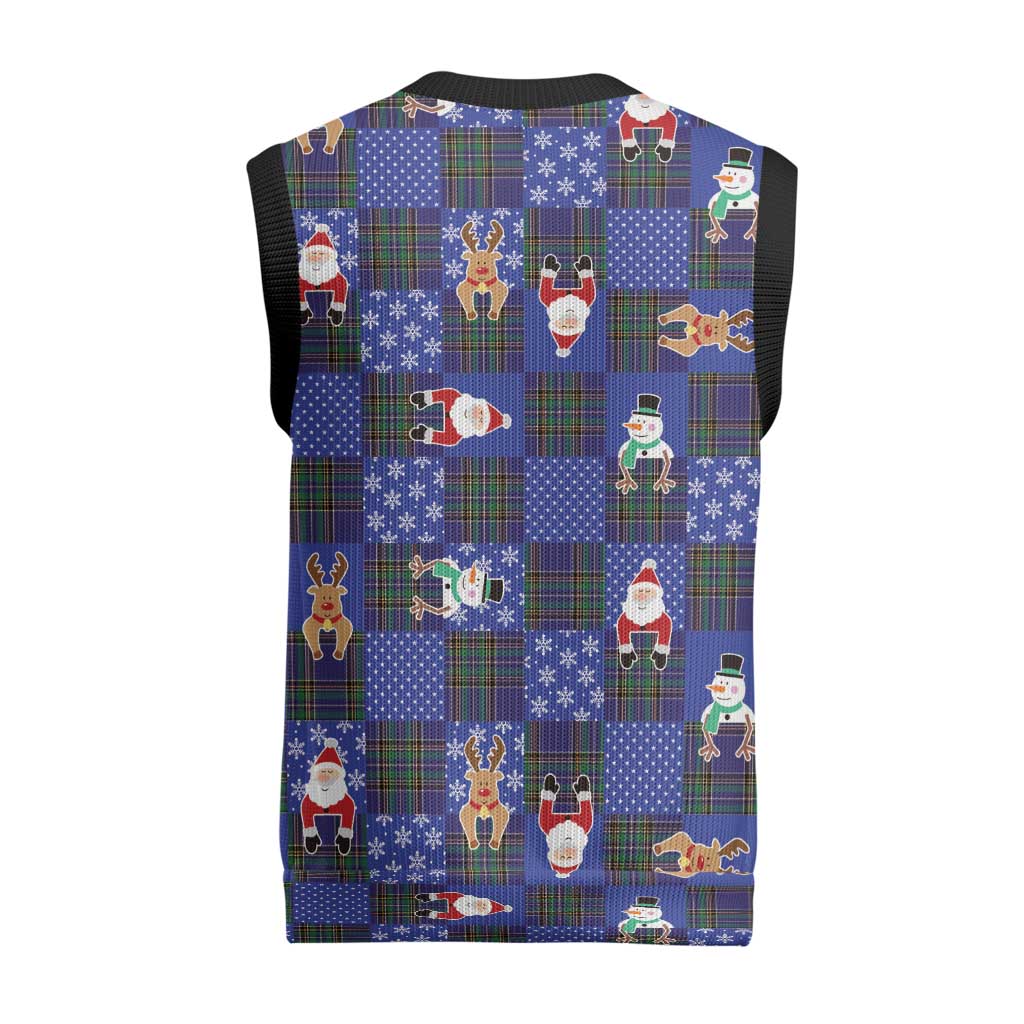 Christmas Patchwork Fake Tuxedo Christmas Knitted V-Neck Vest Santa and Reindeer Blue Plaid Style - Wonder Print Shop