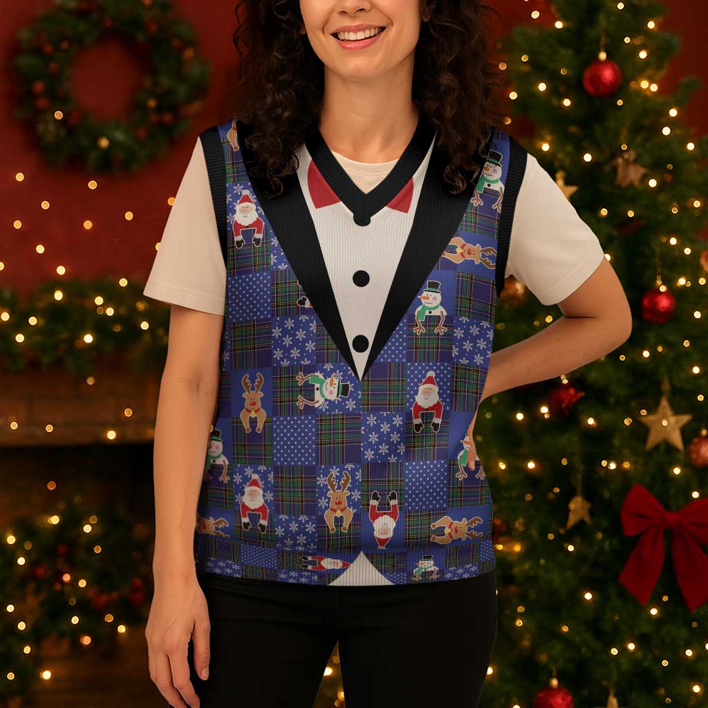 Christmas Patchwork Fake Tuxedo Christmas Knitted V-Neck Vest Santa and Reindeer Blue Plaid Style - Wonder Print Shop
