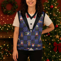 Christmas Patchwork Fake Tuxedo Christmas Knitted V-Neck Vest Santa and Reindeer Blue Plaid Style - Wonder Print Shop