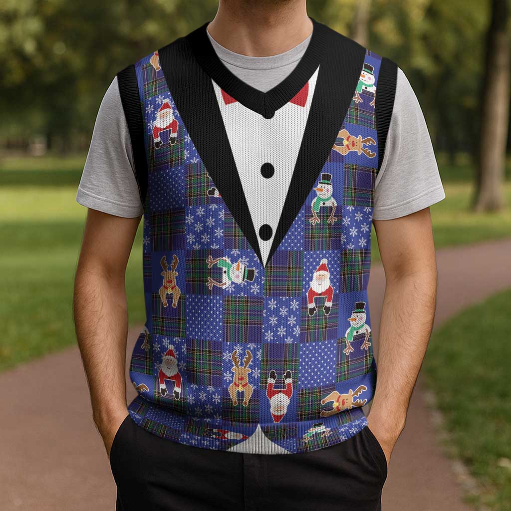 Christmas Patchwork Fake Tuxedo Christmas Knitted V-Neck Vest Santa and Reindeer Blue Plaid Style - Wonder Print Shop