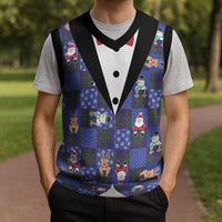 Christmas Patchwork Fake Tuxedo Christmas Knitted V-Neck Vest Santa and Reindeer Blue Plaid Style - Wonder Print Shop