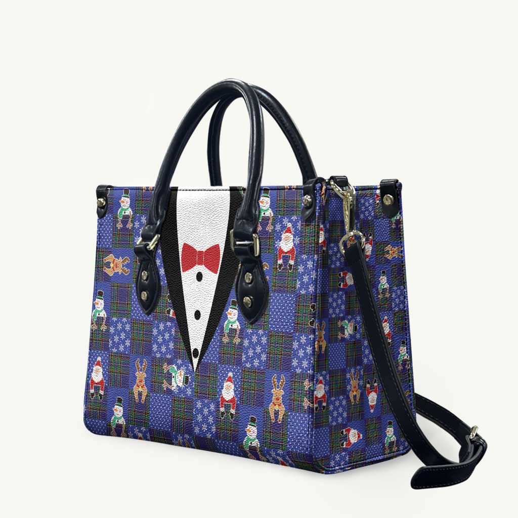 Christmas Patchwork Fake Tuxedo Leather Bag Santa and Reindeer Blue Plaid Style - Wonder Print Shop