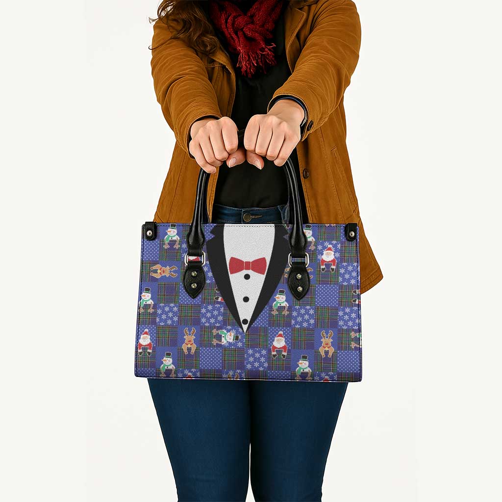 Christmas Patchwork Fake Tuxedo Leather Bag Santa and Reindeer Blue Plaid Style - Wonder Print Shop
