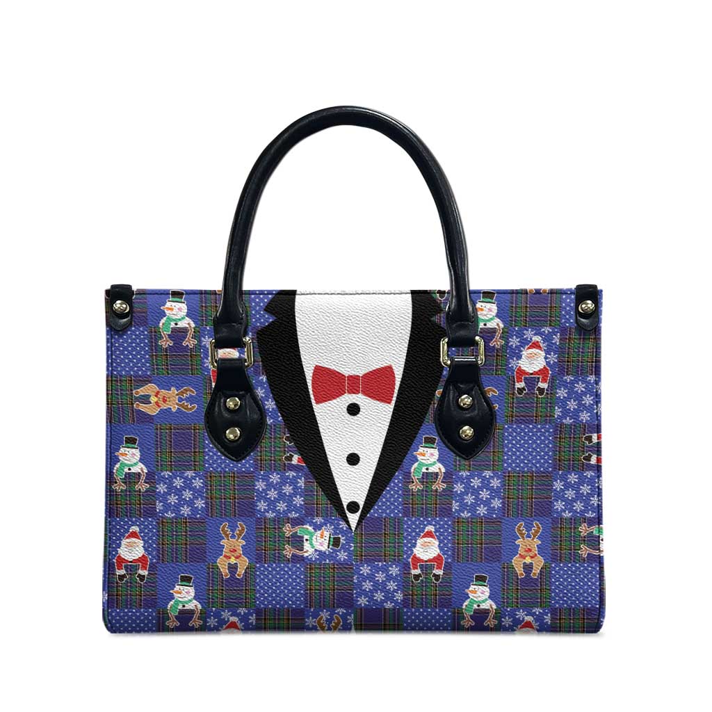 Christmas Patchwork Fake Tuxedo Leather Bag Santa and Reindeer Blue Plaid Style - Wonder Print Shop