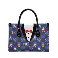 Christmas Patchwork Fake Tuxedo Leather Bag Santa and Reindeer Blue Plaid Style - Wonder Print Shop