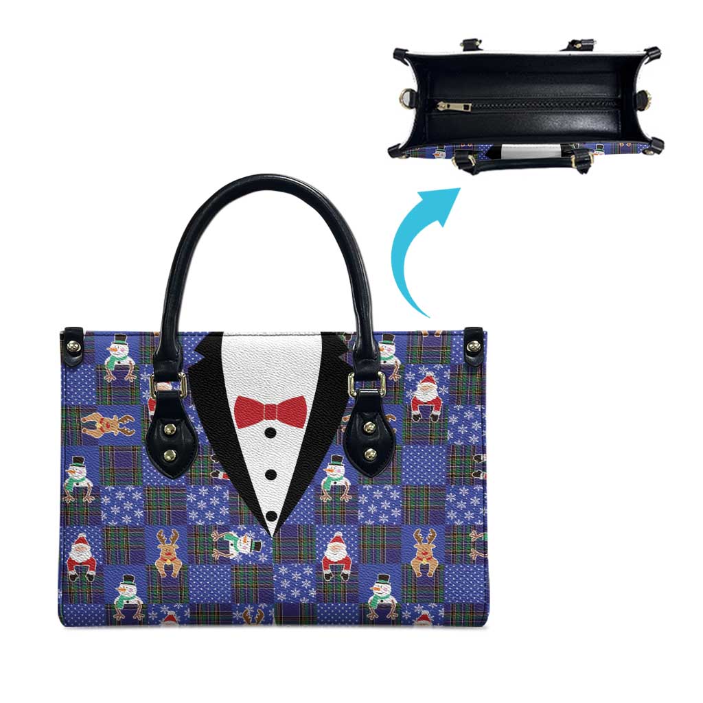 Christmas Patchwork Fake Tuxedo Leather Bag Santa and Reindeer Blue Plaid Style - Wonder Print Shop