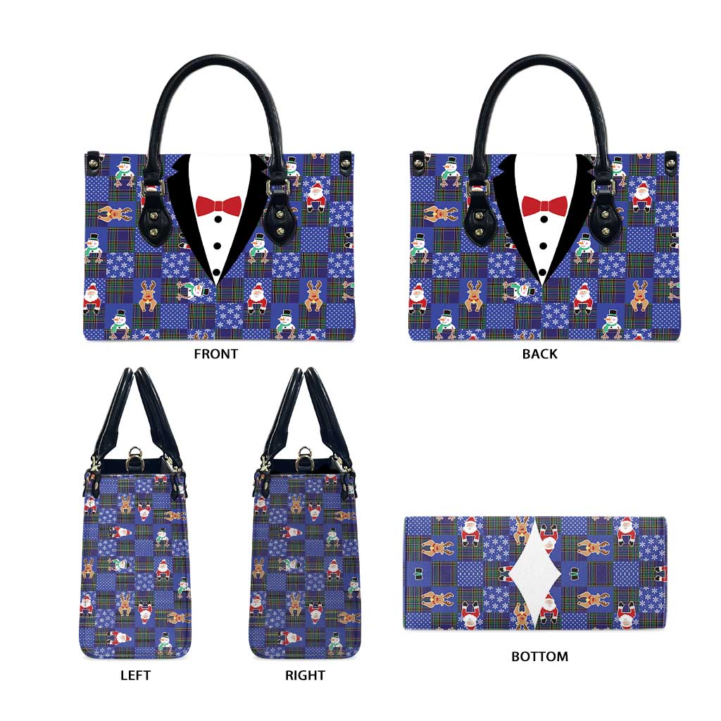 Christmas Patchwork Fake Tuxedo Leather Bag Santa and Reindeer Blue Plaid Style - Wonder Print Shop