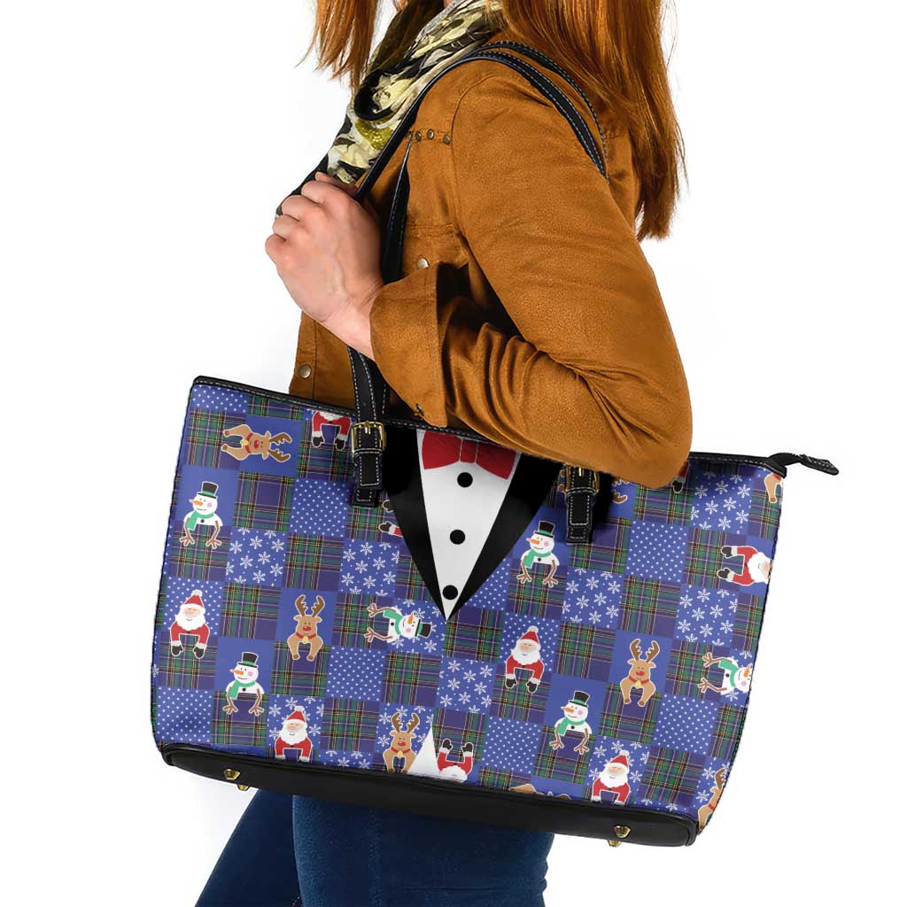 Christmas Patchwork Fake Tuxedo Leather Tote Bag Santa and Reindeer Blue Plaid Style - Wonder Print Shop