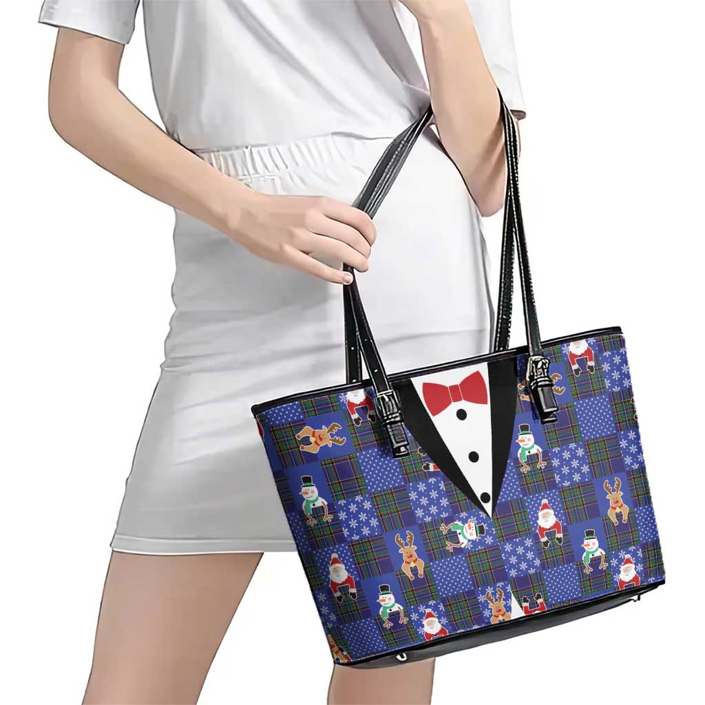 Christmas Patchwork Fake Tuxedo Leather Tote Bag Santa and Reindeer Blue Plaid Style - Wonder Print Shop