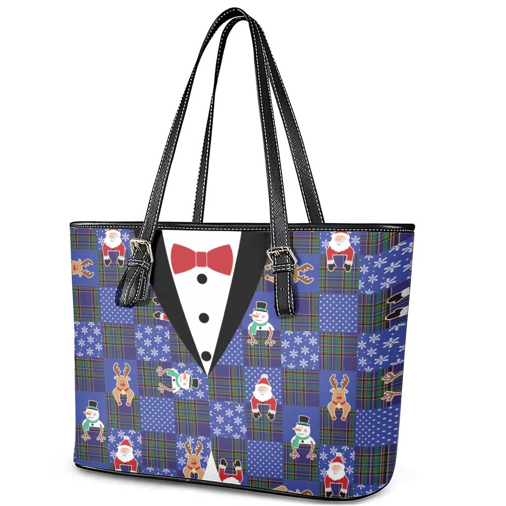 Christmas Patchwork Fake Tuxedo Leather Tote Bag Santa and Reindeer Blue Plaid Style - Wonder Print Shop