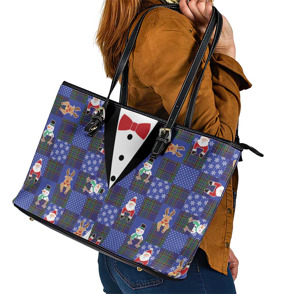 Christmas Patchwork Fake Tuxedo Leather Tote Bag Santa and Reindeer Blue Plaid Style - Wonder Print Shop