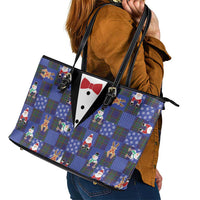 Christmas Patchwork Fake Tuxedo Leather Tote Bag Santa and Reindeer Blue Plaid Style - Wonder Print Shop
