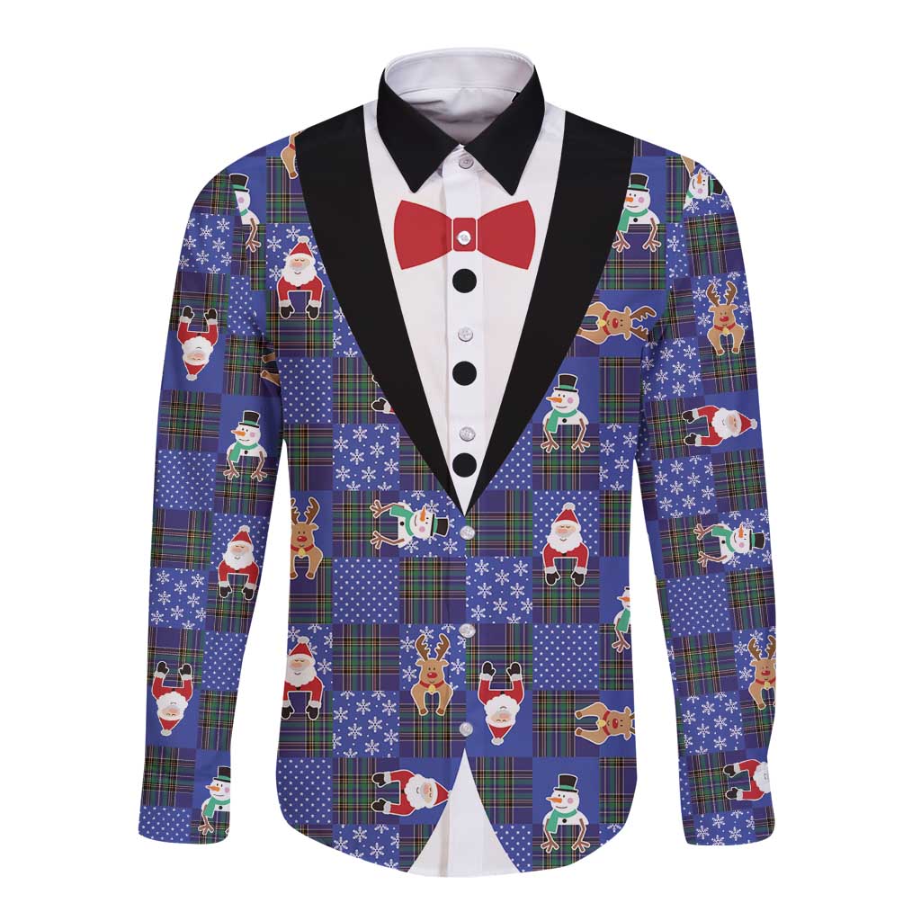 Christmas Patchwork Fake Tuxedo Long Sleeve Button Shirt Santa and Reindeer Blue Plaid Style - Wonder Print Shop