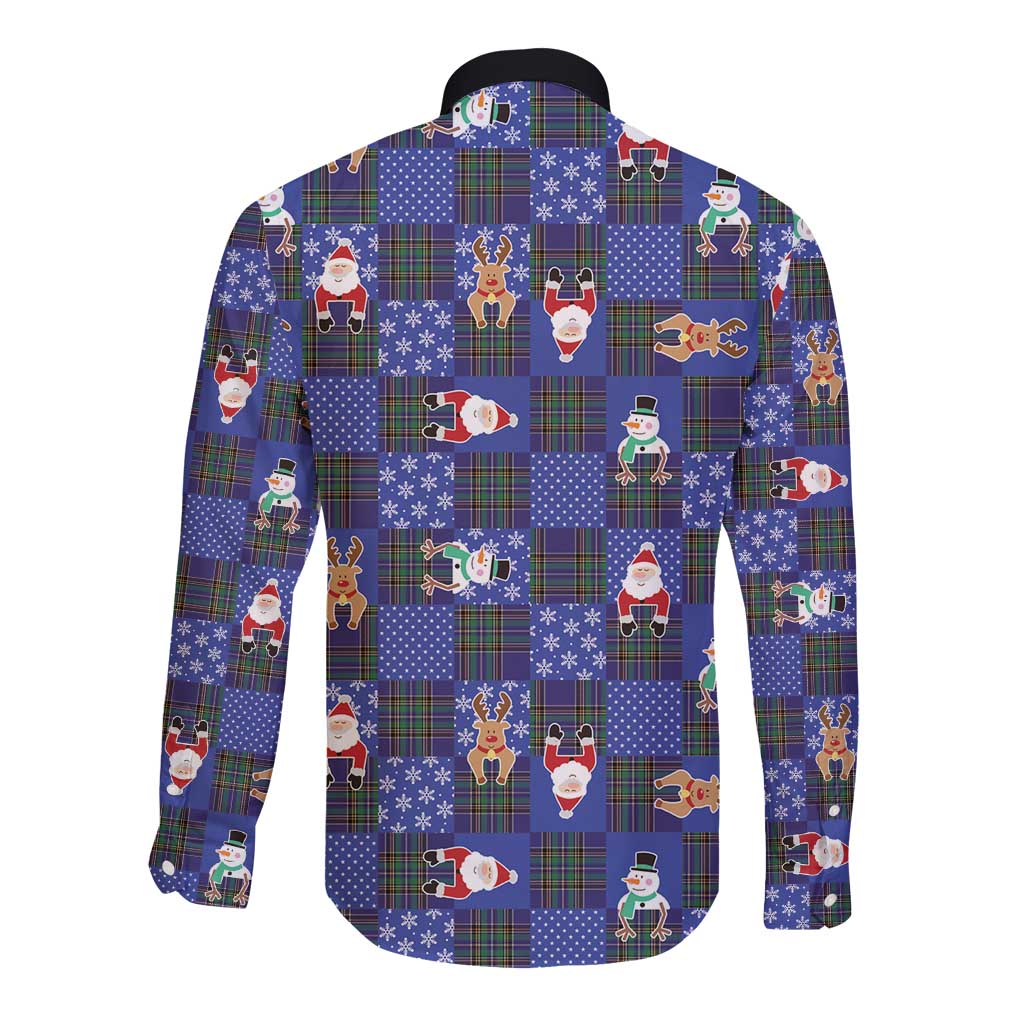 Christmas Patchwork Fake Tuxedo Long Sleeve Button Shirt Santa and Reindeer Blue Plaid Style - Wonder Print Shop