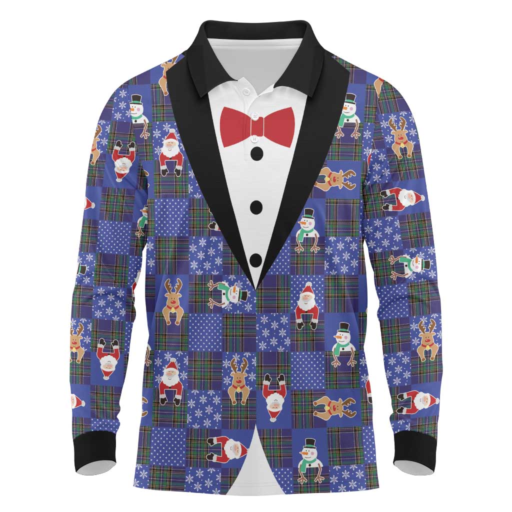 Christmas Patchwork Fake Tuxedo Long Sleeve Polo Shirt Santa and Reindeer Blue Plaid Style - Wonder Print Shop