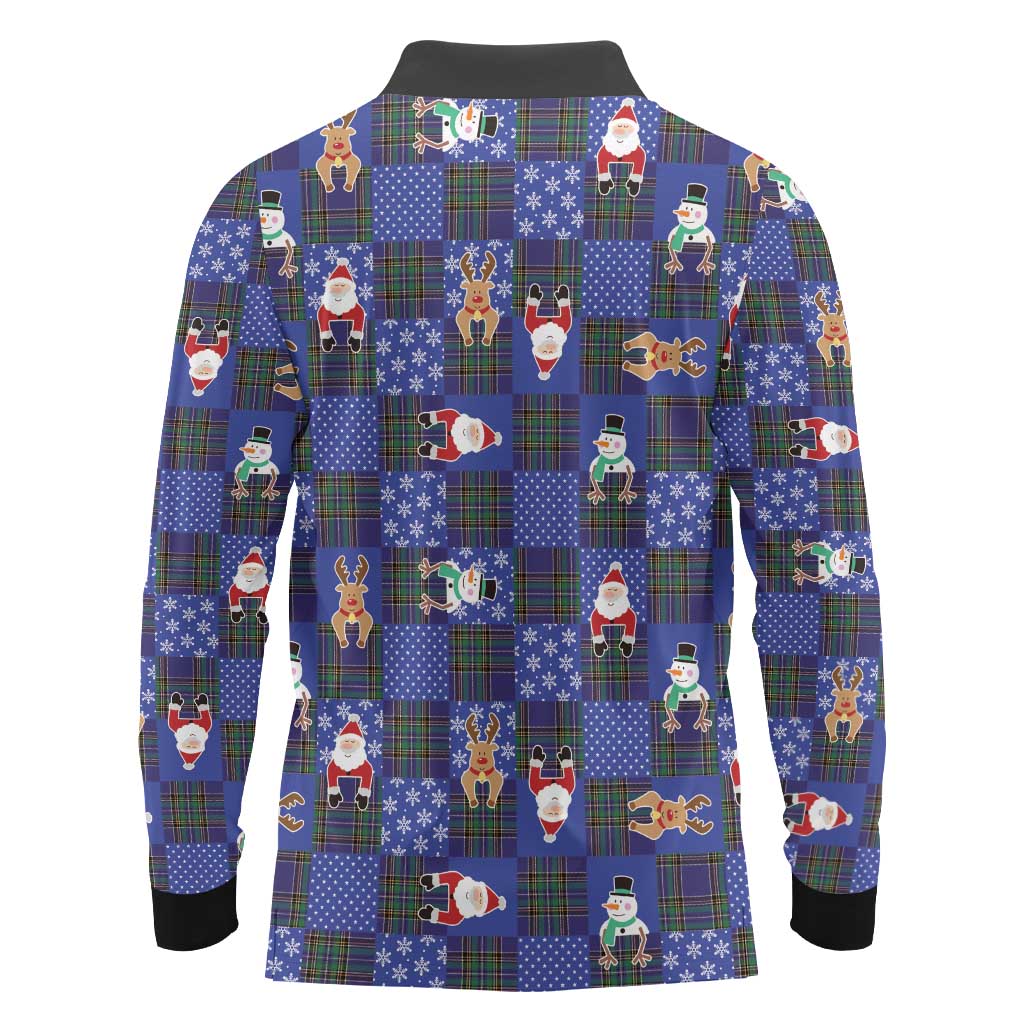 Christmas Patchwork Fake Tuxedo Long Sleeve Polo Shirt Santa and Reindeer Blue Plaid Style - Wonder Print Shop
