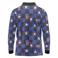 Christmas Patchwork Fake Tuxedo Long Sleeve Polo Shirt Santa and Reindeer Blue Plaid Style - Wonder Print Shop