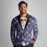 Christmas Patchwork Fake Tuxedo Long Sleeve Polo Shirt Santa and Reindeer Blue Plaid Style - Wonder Print Shop