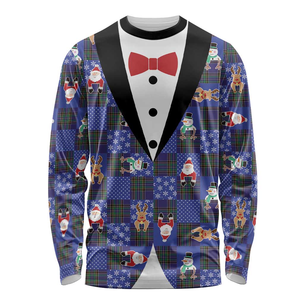 Christmas Patchwork Fake Tuxedo Long Sleeve Shirt Santa and Reindeer Blue Plaid Style - Wonder Print Shop
