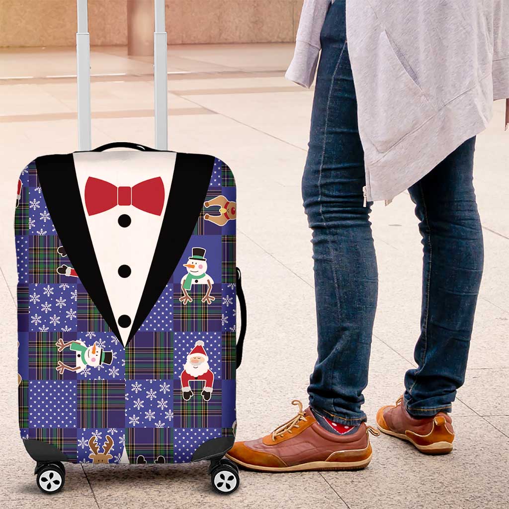 Christmas Patchwork Fake Tuxedo Luggage Cover Santa and Reindeer Blue Plaid Style - Wonder Print Shop