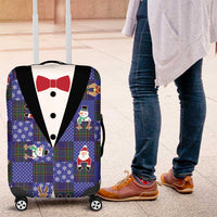 Christmas Patchwork Fake Tuxedo Luggage Cover Santa and Reindeer Blue Plaid Style - Wonder Print Shop