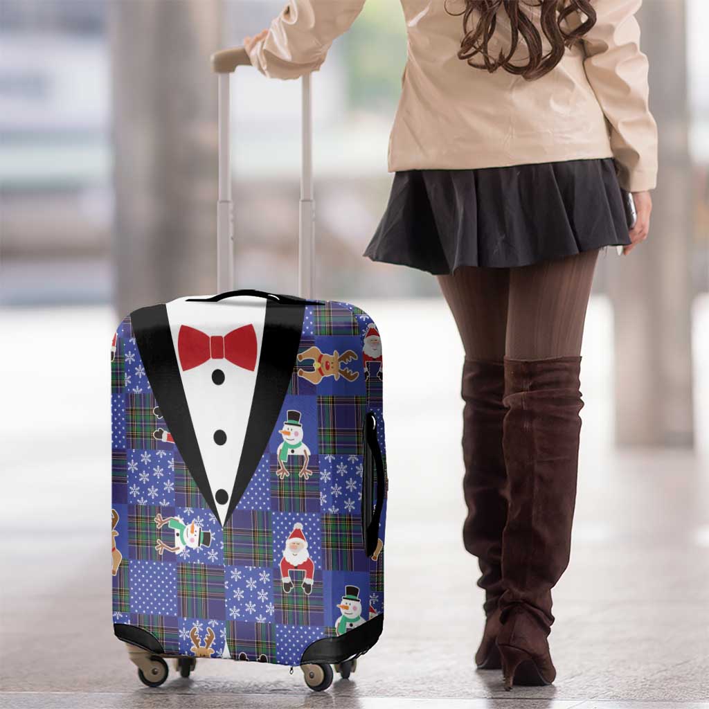 Christmas Patchwork Fake Tuxedo Luggage Cover Santa and Reindeer Blue Plaid Style - Wonder Print Shop