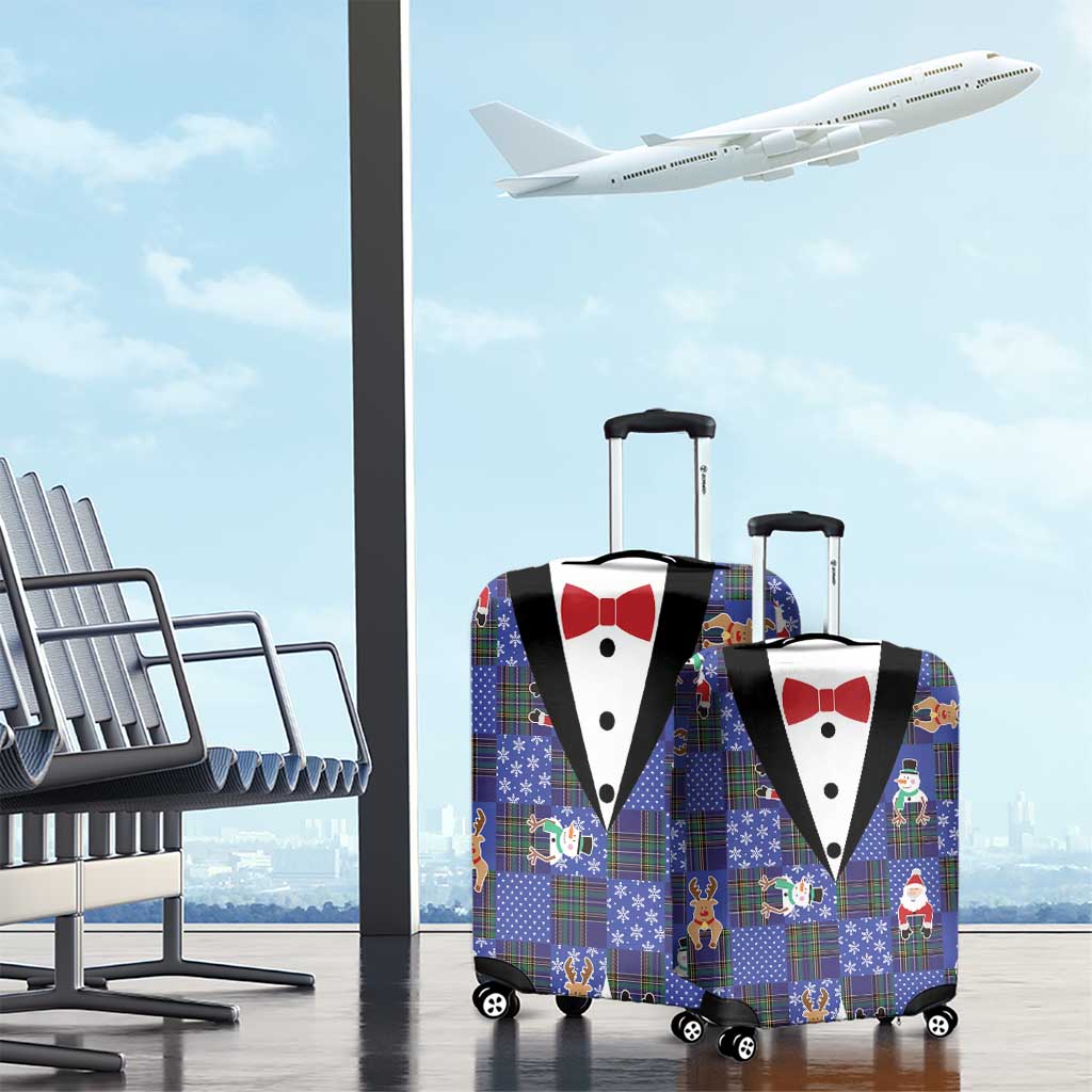 Christmas Patchwork Fake Tuxedo Luggage Cover Santa and Reindeer Blue Plaid Style - Wonder Print Shop