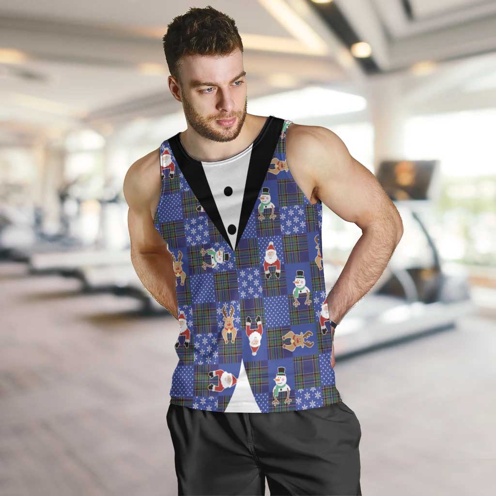 Christmas Patchwork Fake Tuxedo Men Tank Top Santa and Reindeer Blue Plaid Style - Wonder Print Shop