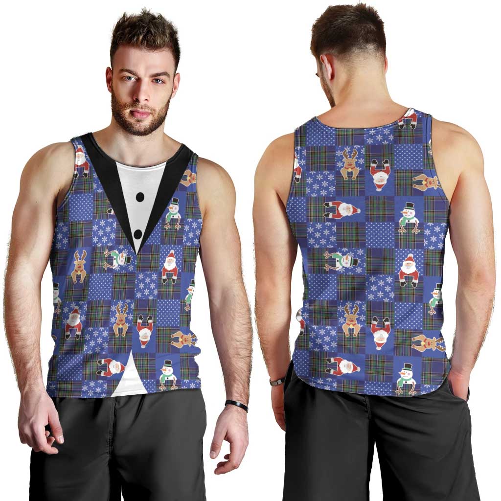 Christmas Patchwork Fake Tuxedo Men Tank Top Santa and Reindeer Blue Plaid Style - Wonder Print Shop