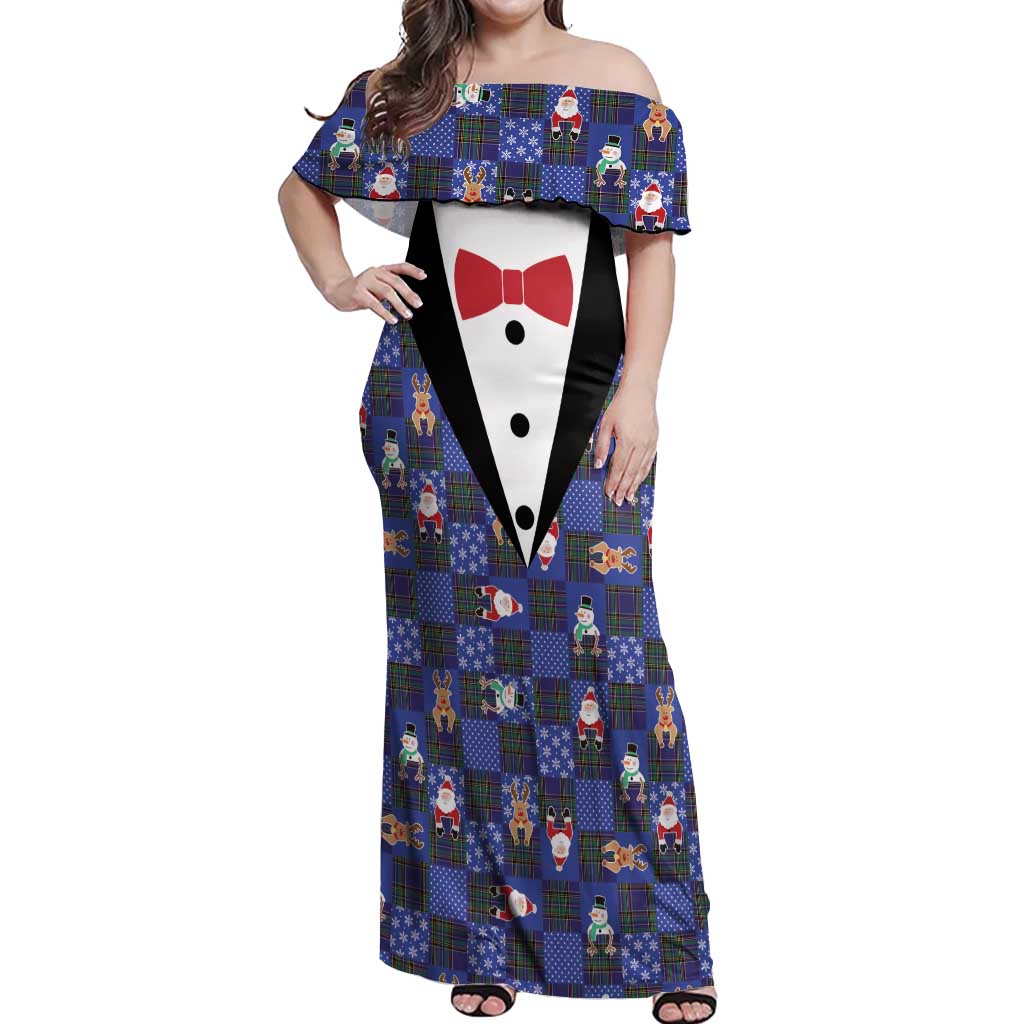 Christmas Patchwork Fake Tuxedo Off Shoulder Maxi Dress Santa and Reindeer Blue Plaid Style - Wonder Print Shop