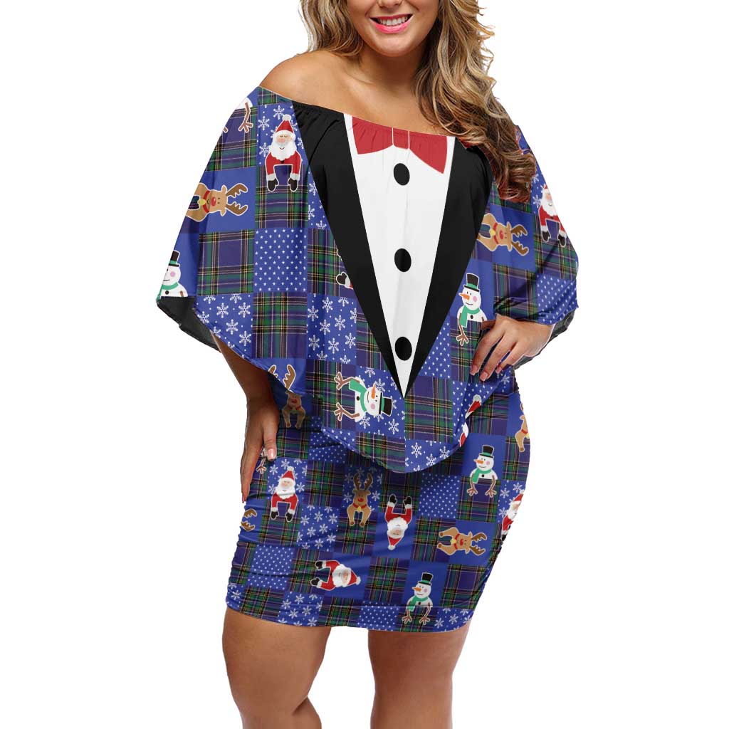 Christmas Patchwork Fake Tuxedo Off Shoulder Short Dress Santa and Reindeer Blue Plaid Style - Wonder Print Shop