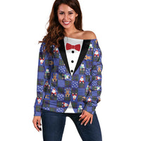Christmas Patchwork Fake Tuxedo Off Shoulder Sweater Santa and Reindeer Blue Plaid Style - Wonder Print Shop