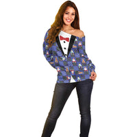 Christmas Patchwork Fake Tuxedo Off Shoulder Sweater Santa and Reindeer Blue Plaid Style - Wonder Print Shop