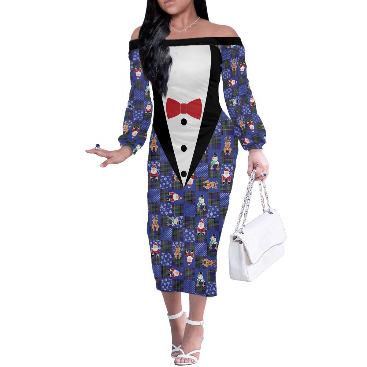 Christmas Patchwork Fake Tuxedo Off The Shoulder Long Sleeve Dress Santa and Reindeer Blue Plaid Style - Wonder Print Shop