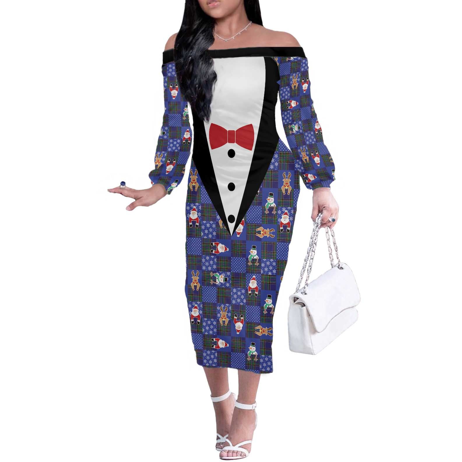Christmas Patchwork Fake Tuxedo Off The Shoulder Long Sleeve Dress Santa and Reindeer Blue Plaid Style - Wonder Print Shop