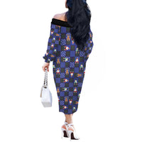 Christmas Patchwork Fake Tuxedo Off The Shoulder Long Sleeve Dress Santa and Reindeer Blue Plaid Style - Wonder Print Shop