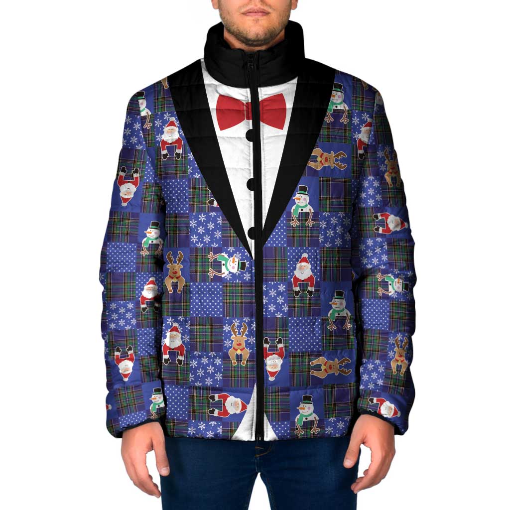 Christmas Patchwork Fake Tuxedo Padded Jacket Santa and Reindeer Blue Plaid Style - Wonder Print Shop