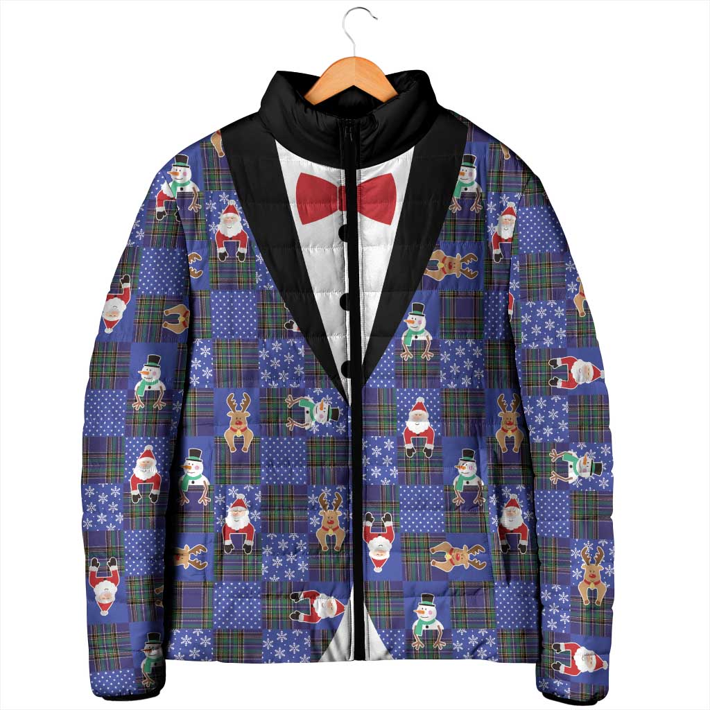 Christmas Patchwork Fake Tuxedo Padded Jacket Santa and Reindeer Blue Plaid Style - Wonder Print Shop