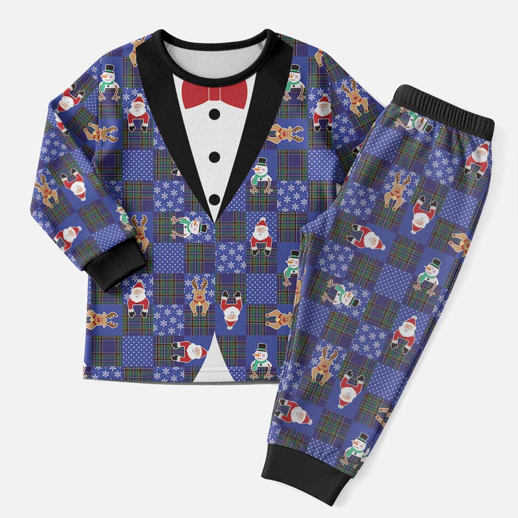 Christmas Patchwork Fake Tuxedo Christmas Pajama Set Santa and Reindeer Blue Plaid Style - Wonder Print Shop