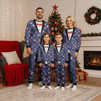 Christmas Patchwork Fake Tuxedo Christmas Pajama Set Santa and Reindeer Blue Plaid Style - Wonder Print Shop
