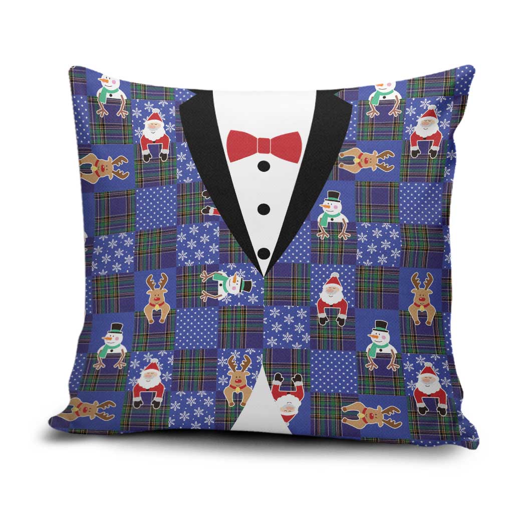 Christmas Patchwork Fake Tuxedo Pillow Cover Santa and Reindeer Blue Plaid Style - Wonder Print Shop